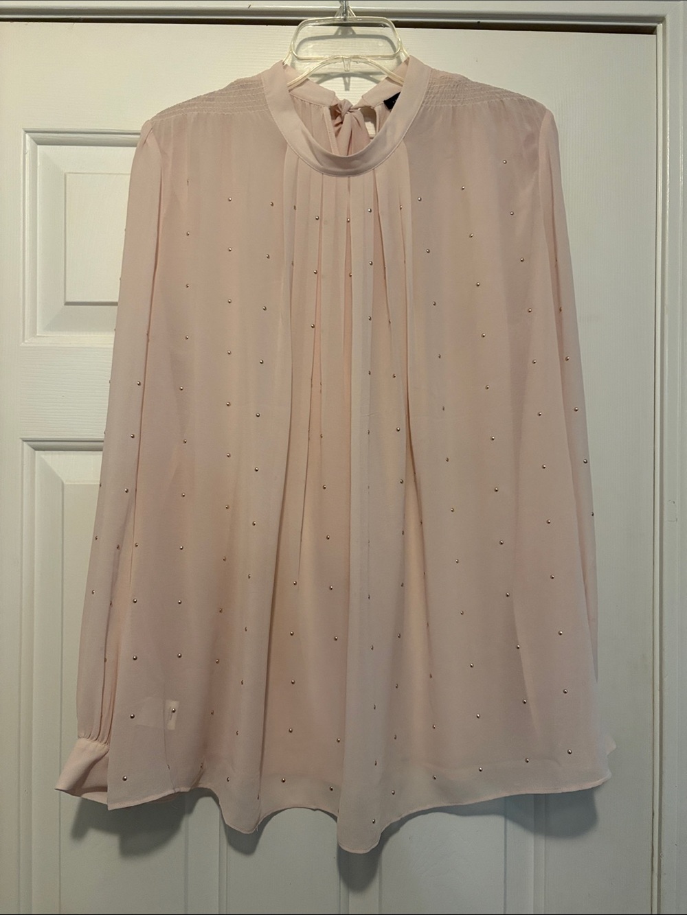 Ann Taylor Pale Pink Beaded Tie-Neck Blouse